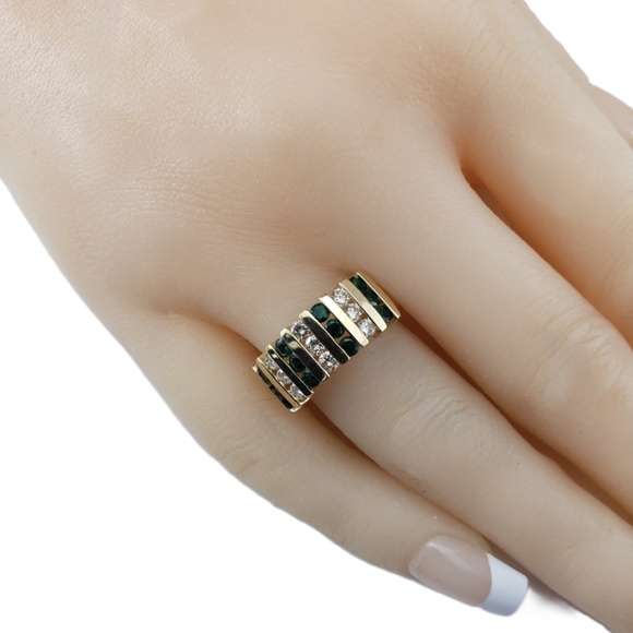 14K Yellow Gold Emerald and Diamond Band Ring Size 7.25  #21206 - Picture 8 of 9